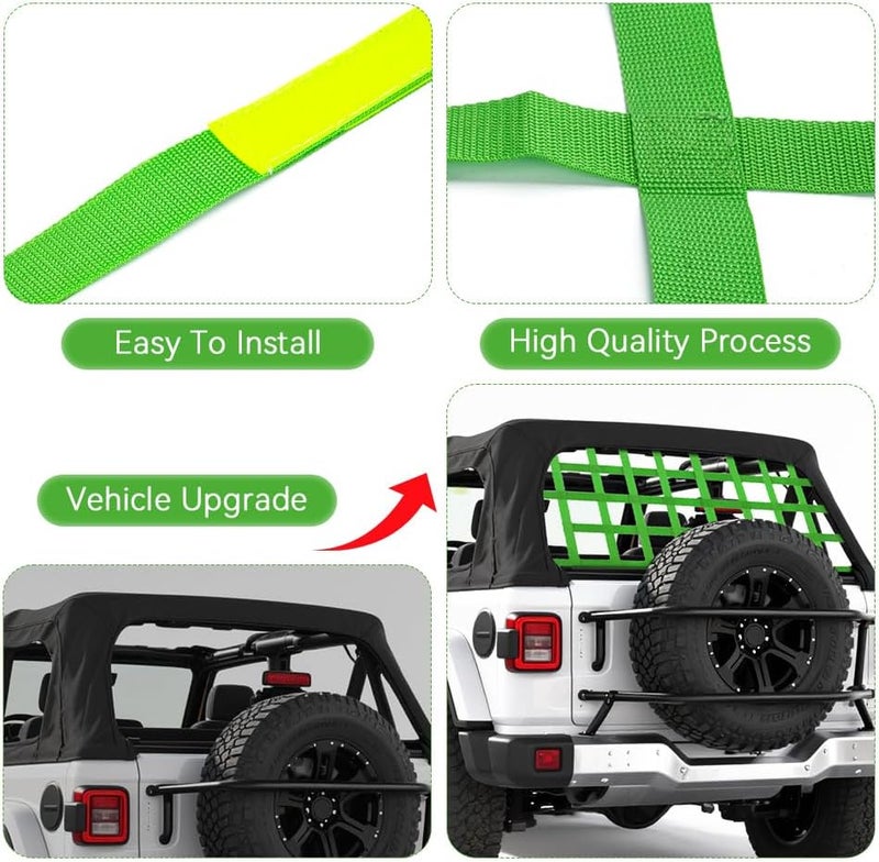 BARTOO Mesh Cargo Net Roof Top Netting Hammock Compatible with Jeep Wrangler YJ TJ JK JKU JL JLU 1987-2024 & Gladiator JT Accessories, Fluorescent Green - Image 5